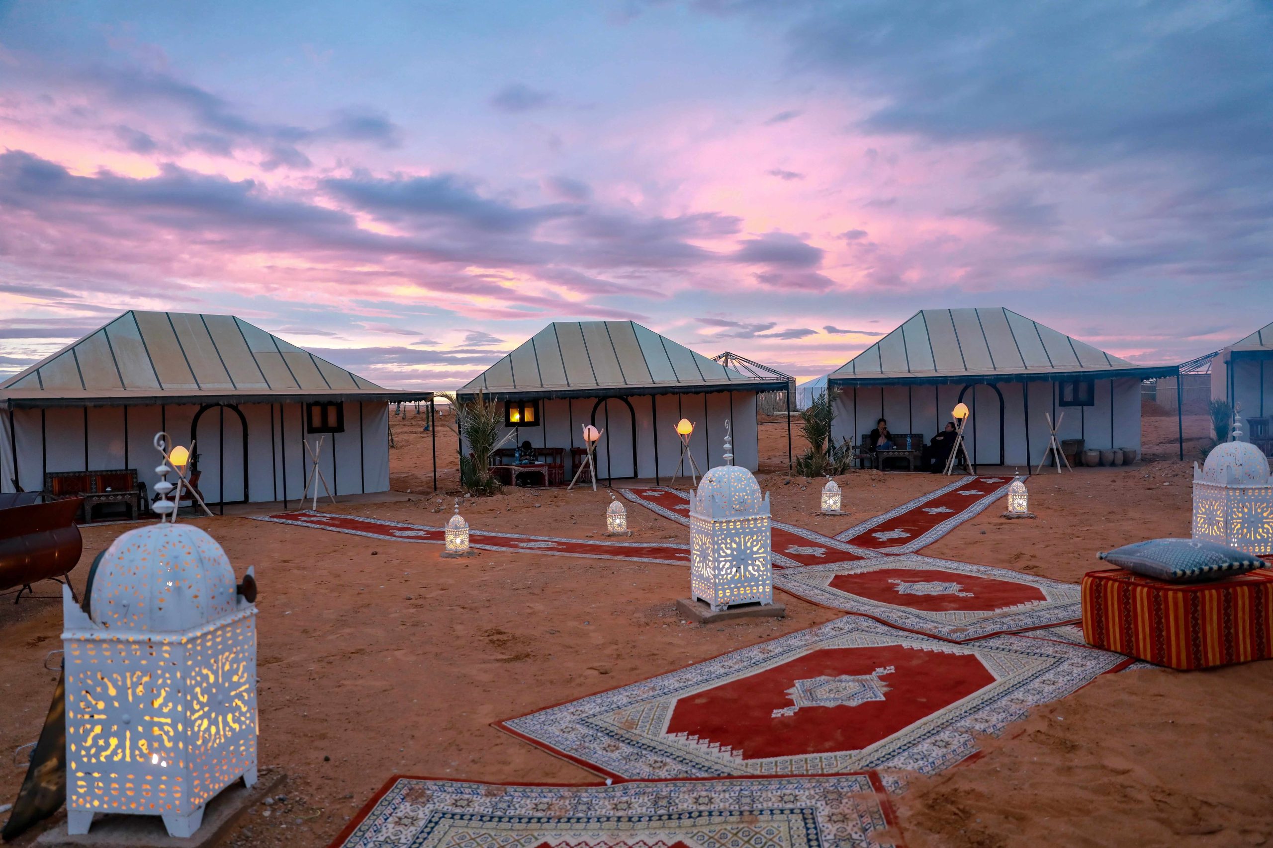Desert camp in the Sahara at sunset, tour from Marrakech